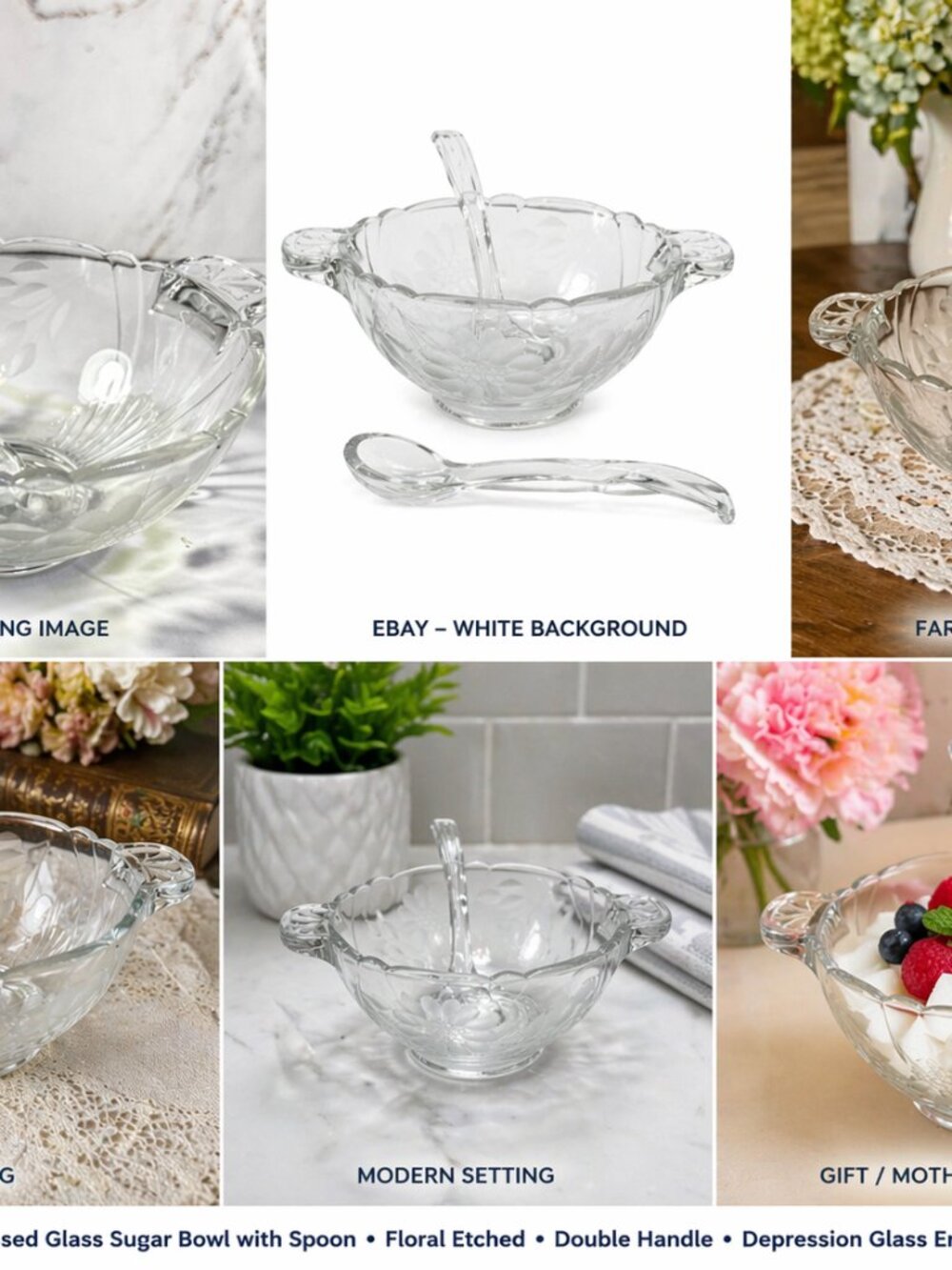 SB-10-2H-Vintage Glass Sugar Bowl with Spoon – Farmhouse Cottage Kitchen Decor